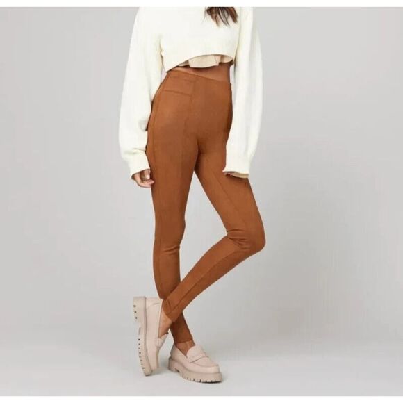 SPANX Faux Suede Leggings Womens Medium High Waist Slimming Pull On Rich Caramel - Picture 2 of 12